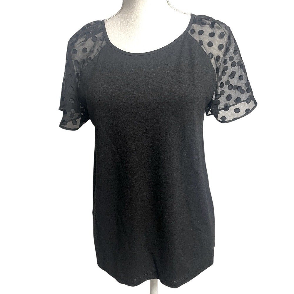 Ann‎ Taylor Polka Dot Black Sheer Sleeve Blouse Womens Medium
